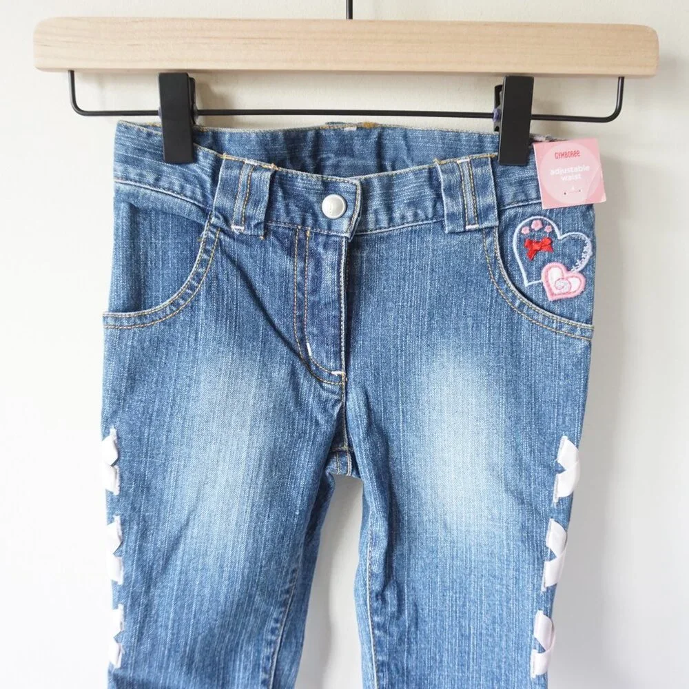 NEW Gymboree Y2K Embroidered Heart Denim Capri Jeans Ribbon Accent Blue Girls‎ 4